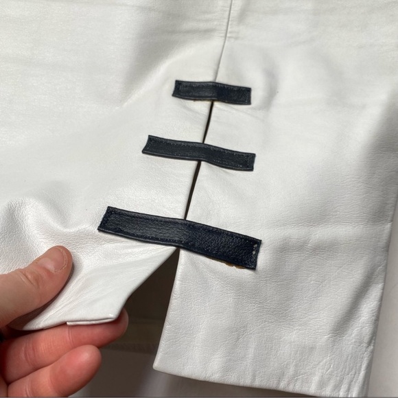 Vintage 90s Leather Mini Pencil Skirt White & Black Patch Detail Lined XS - Picture 8 of 16